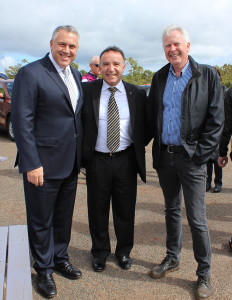 Joe Hockey (Federal Treasurer of Australia), Andrew Nikolic (Representative from Launceston in the Australian Parliament), and Robert Ravens (Owner of Bridestowe Lavender Estate)